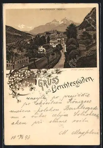 Lithographie Berchtesgaden, Nonnthal, Teilansicht mit Strasse und Bergblick
