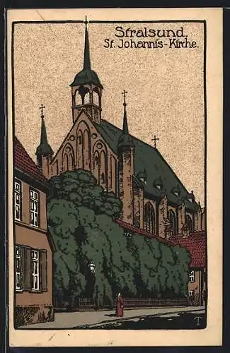 Steindruck-AK Stralsund, St. Johannis-Kirche mit Strassenpartie