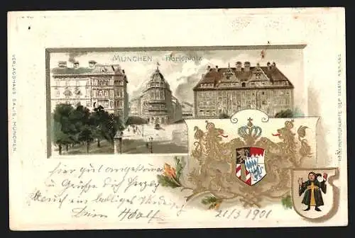 Lithographie München, Karlsplatz, Wappen, Münchner Kindl