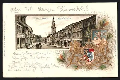 Passepartout-Lithographie Erlangen, Blick in die Hauptstrasse, Wappen