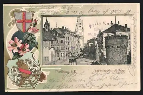 Passepartout-Lithographie Freiburg i. B., Strassenbahnen an der Schwabenthor-Brücke, Stadtwappen