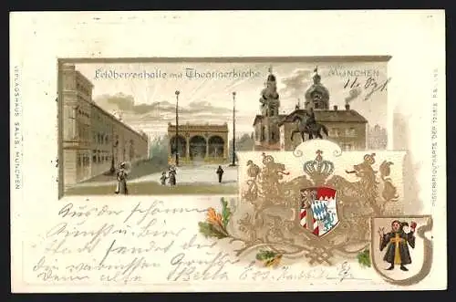 Passepartout-Lithographie München, Feldherrnhalle mit Theatinerkirche am Odeonssplatz, Wappen