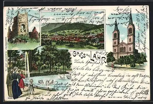 Lithographie Lahr / Baden, Ruine Hohengeroldseck, Kath. Kirche, Schwanenteich im Stadtpark