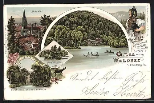 Lithographie Freiburg / Breisgau, Gasthaus Waldsee, Münster, Musikpavillon