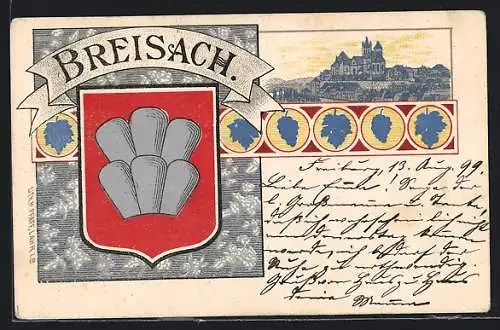 Lithographie Breisach, Ortsansicht mit der Burg, Stadtwappen