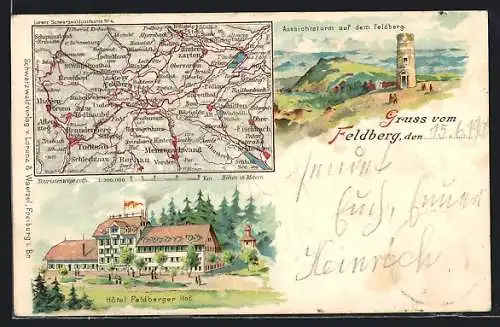 Lithographie Feldberg /Schwarzwald, Landkarte, Aussichtsturm und Hotel Feldberger Hof