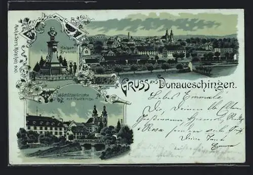 Mondschein-Lithographie Donaueschingen, Kaiser-Brunnen, Schützenbrücke mit Stadtkirche, Ortsansicht