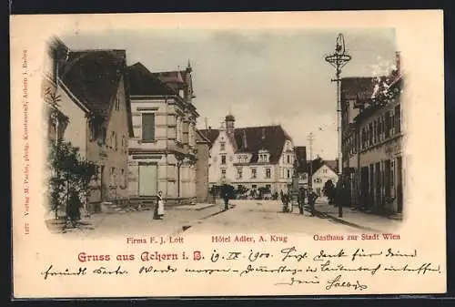 AK Achern i. B., Hotel Adler, Gasthaus zur Stadt Wien, Firma F. J. Lott