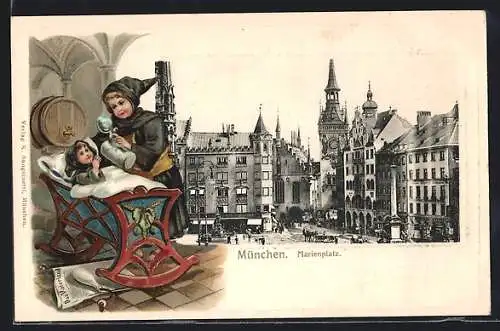 Passepartout-Lithographie München, Blick über den Marienplatz, Junger Kapuziner gibt Kleinkind einen Schluck Bier