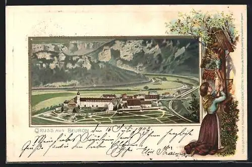 Passepartout-Lithographie Beuron, Blick auf das Kloster, Passepartout mit betender Frau vor Wegkreuz