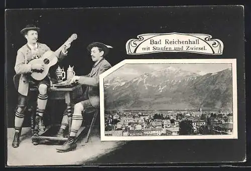 AK Bad Reichenhall, Ortsansicht mit Staufen und Zwiesel, Zwei Männer in Tracht