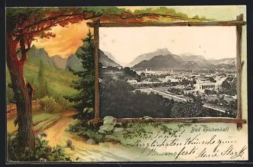 Passepartout-Lithographie Bad Reichenhall, Ortschaft aus der Vogelschau