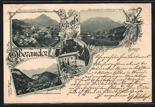 AK Oberaudorf, Ortsansicht m. d. Wildbarn und Kaisergebirge, Aussicht von der Spallermühle, Brünnsteinhaus