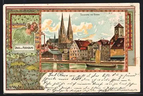 Lithographie Regensburg, Donaupanorama mit dem Regensburger Dom