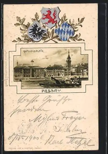 Passepartout-Lithographie Passau, Blick zum Rathausplatz, Dampfer, Wappen