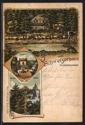 Lithographie Schwarzathal, Das Schweizerhaus, Burg Eberstein, Das Dürre Schild