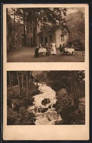 AK Oberaudorf, Gäste an der Gfallermühle, Flussschnelle