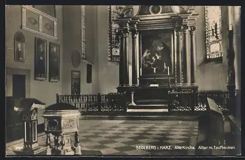 AK Stolberg i. Harz, Alte Kirche, Innenansicht mit Altar mit Taufbecken