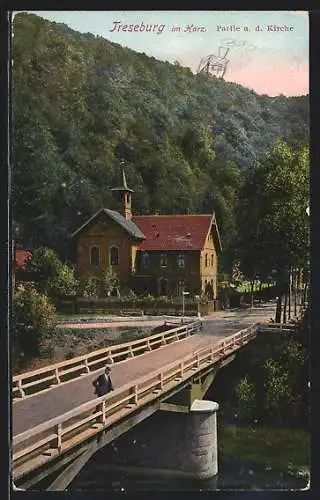 AK Treseburg im Harz, Uferpartie an der Kirche