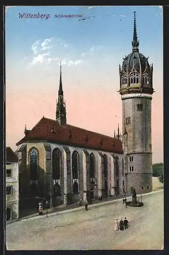 AK Wittenberg / Elbe, Schlosskirche mit Denkmal und Litfasssäule