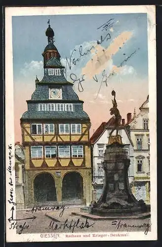 AK Giessen, Rathaus und Krieger-Denkmal