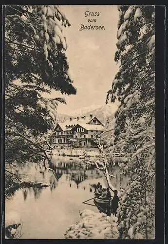AK Badersee, See mit Ruderboot bei Schnee
