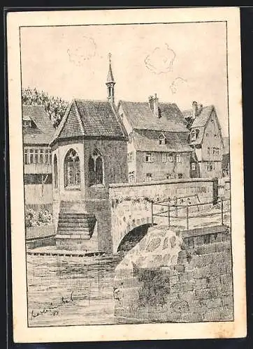Künstler-AK Calw, Nagoldbrücke mit Nikolauskapelle