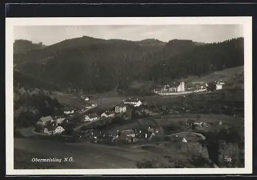 AK Obermeisling, Ortsansicht mit Kirche aus der Vogelschau