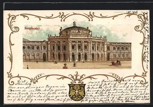 Lithographie Wien, Burgtheater, Rahmen mit Wappen