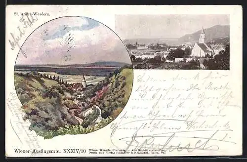 AK St. Andrä-Wördern, Ortsansicht mit Kirche in Abendstimmung