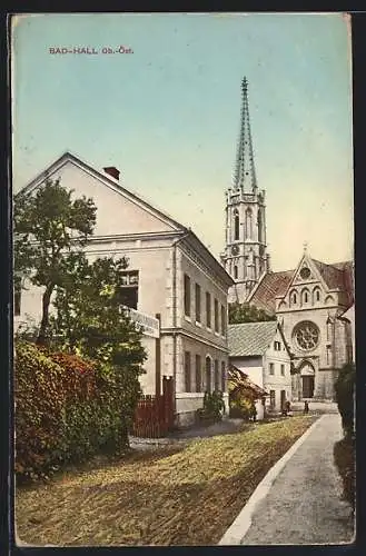 AK Bad-Hall, Strassenpartie mit Kirche