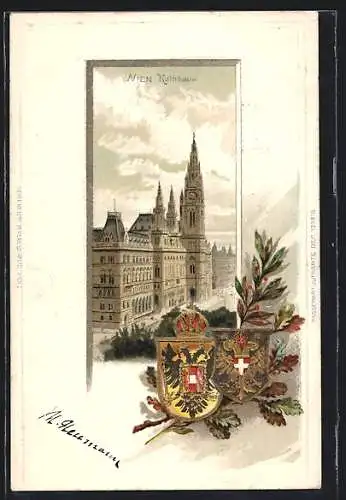 Passepartout-Lithographie Wien, Blick zum Rathaus, Wappen