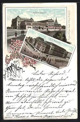 Lithographie Wien, Reichsrathsgebäude, Universität mit Strasse