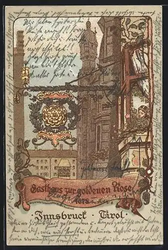 Künstler-AK Innsbruck, Gasthaus zur goldenen Rose mit Wirtshausschild