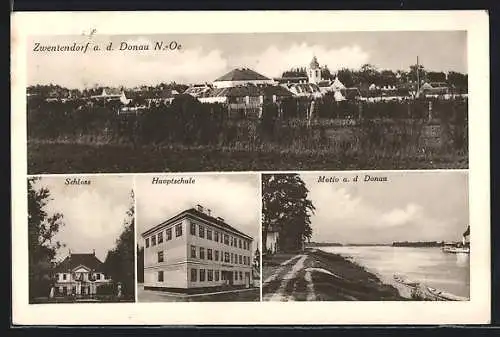 AK Zwentendorf /Donau, Schloss, Hauptschule, Donaupartie, Ortsansicht