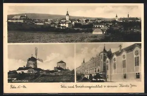 AK Retz, Windmühlen, Panorama, Lehr- und Erziehungsinstitut vom armen Kinde Jesu