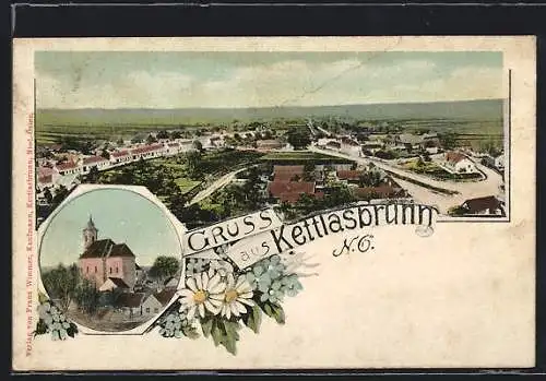 AK Kettlasbrunn, Kirche, Gesamtansicht, Blumen