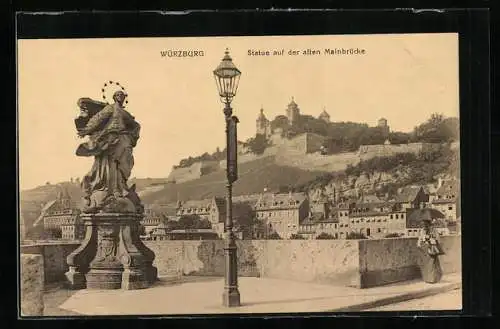 AK Würzburg, Statue auf der alten Mainbrücke