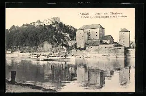 AK Passau, Unter- und Oberhaus, Abfahrt des Salondampfers