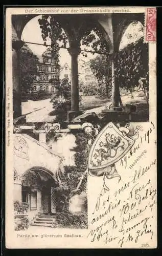 AK Heidelberg, Schlosshof von der Brunnenhalle gesehen, Partie am gläsernen Saalbau