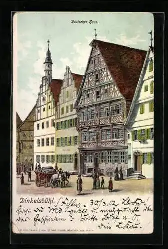 AK Dinkelsbühl, Deutsches Haus, davor ein Fuhrwerk