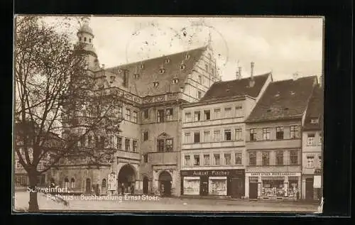AK Schweinfurt, Rathaus und Buchhandlung Ernst Stoer