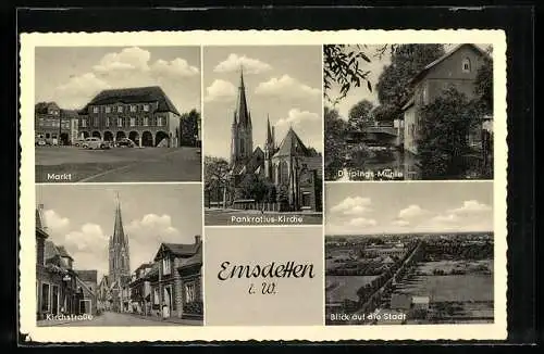 AK Emsdetten i. W., Blick auf die Stadt mit Markt, St. Pankratius-Kirche und Kirchstrasse