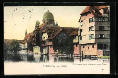AK Nürnberg, Synagoge & Insel Schütt mit Fluss & Häuserpartie