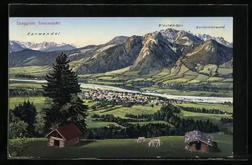 AK Lenggries, Totalansicht mit Brauneck und Benediktenwand