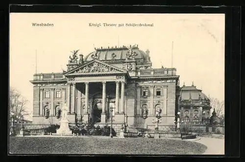 AK Wiesbaden, Königliches Theater mit Schillderdenkmal