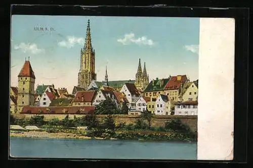 AK Ulm a. D., Blick vom Wasser auf die Kirche