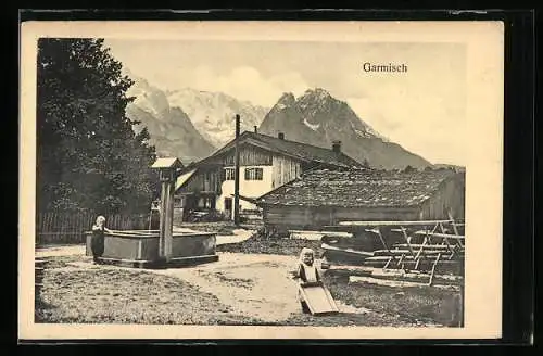 AK Garmisch, Platz mit Brunnen