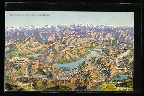 AK Garmisch, Landkarte vom Plansee und Umgebung, Plansee-Hotel Forelle