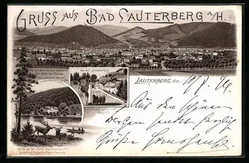Vorläufer-Lithographie Bad Lauterberg a. H., 1894, Gesamtansicht, Ruine Schwarzfels, Wiesenbeckerteich